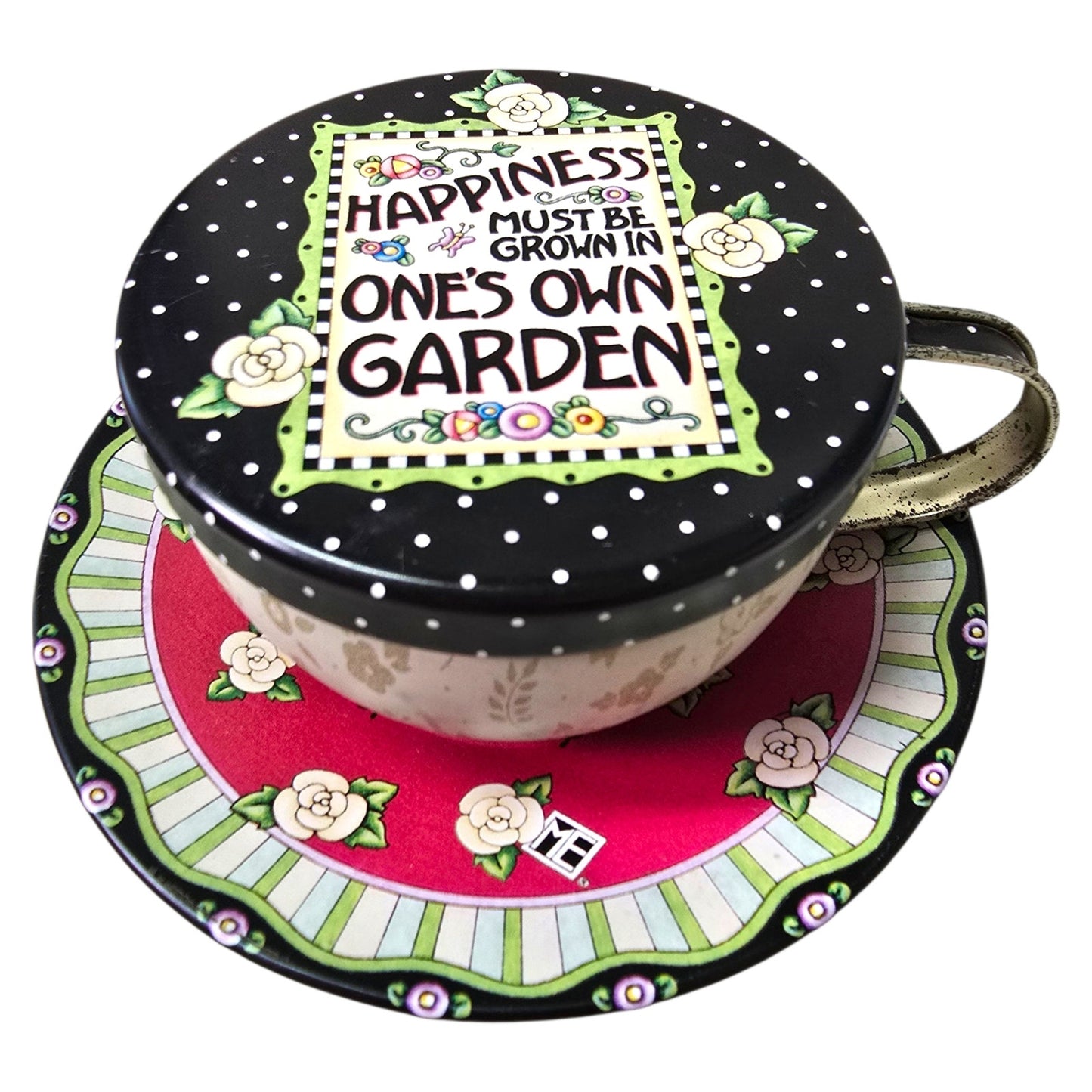 ME Mary Engelbreit Garden Blossom Lot: Tin Teacup Trinket Holder, Blossom Votive and Photo Album