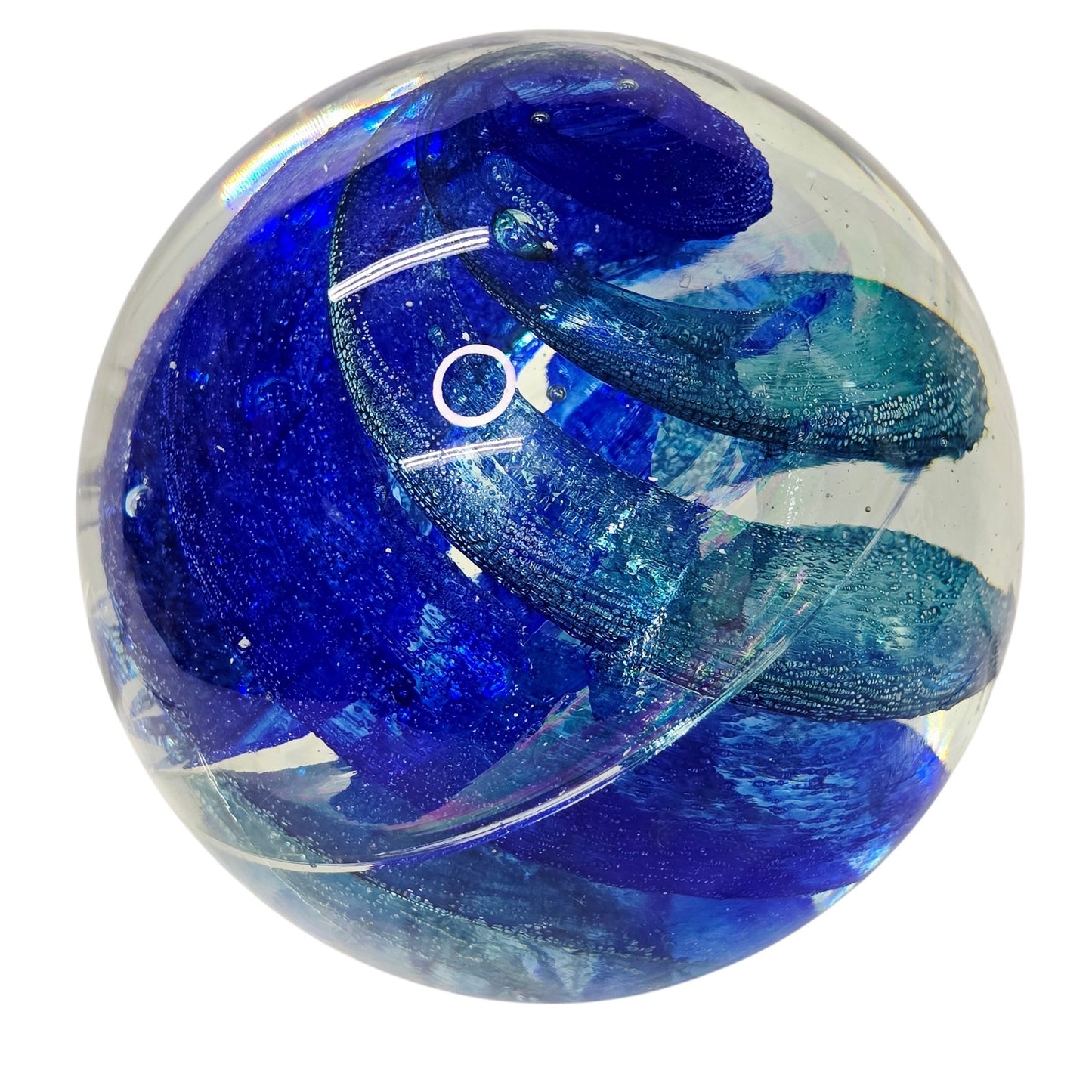 Art Glass Paperweight Sphere Cobalt Swirl Clear Studio Decor Collectible Desk