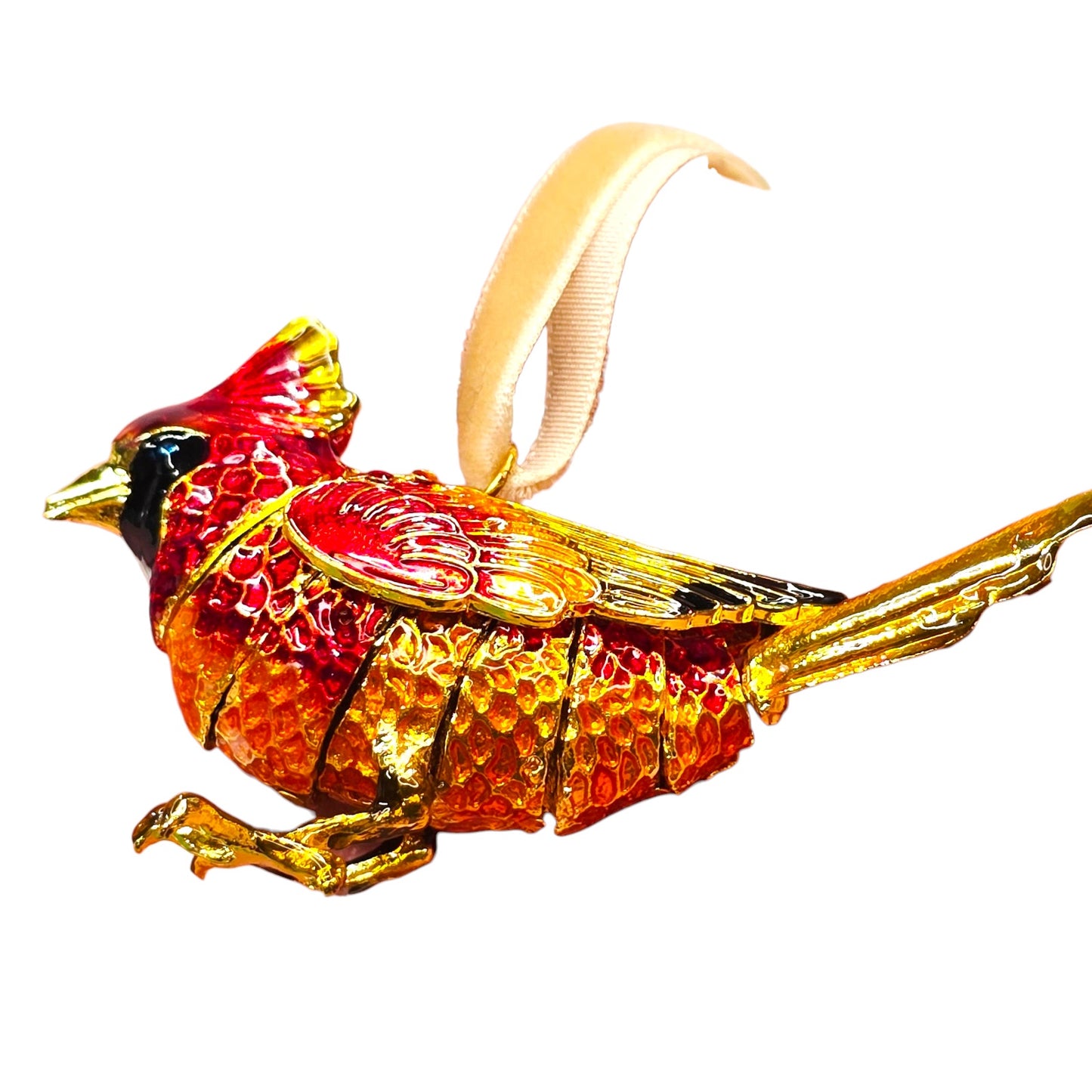 Vtg Pier 1 Cloisonné Cardinal Bird Ornament Red Gold Enamel Holiday Boxed