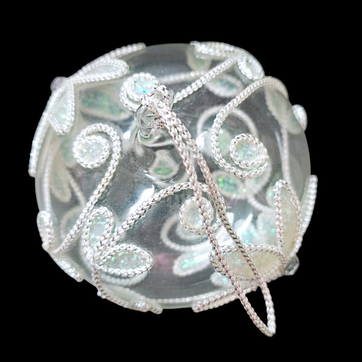 Glass Embellished Ornament, White Iridescent Floral Trim