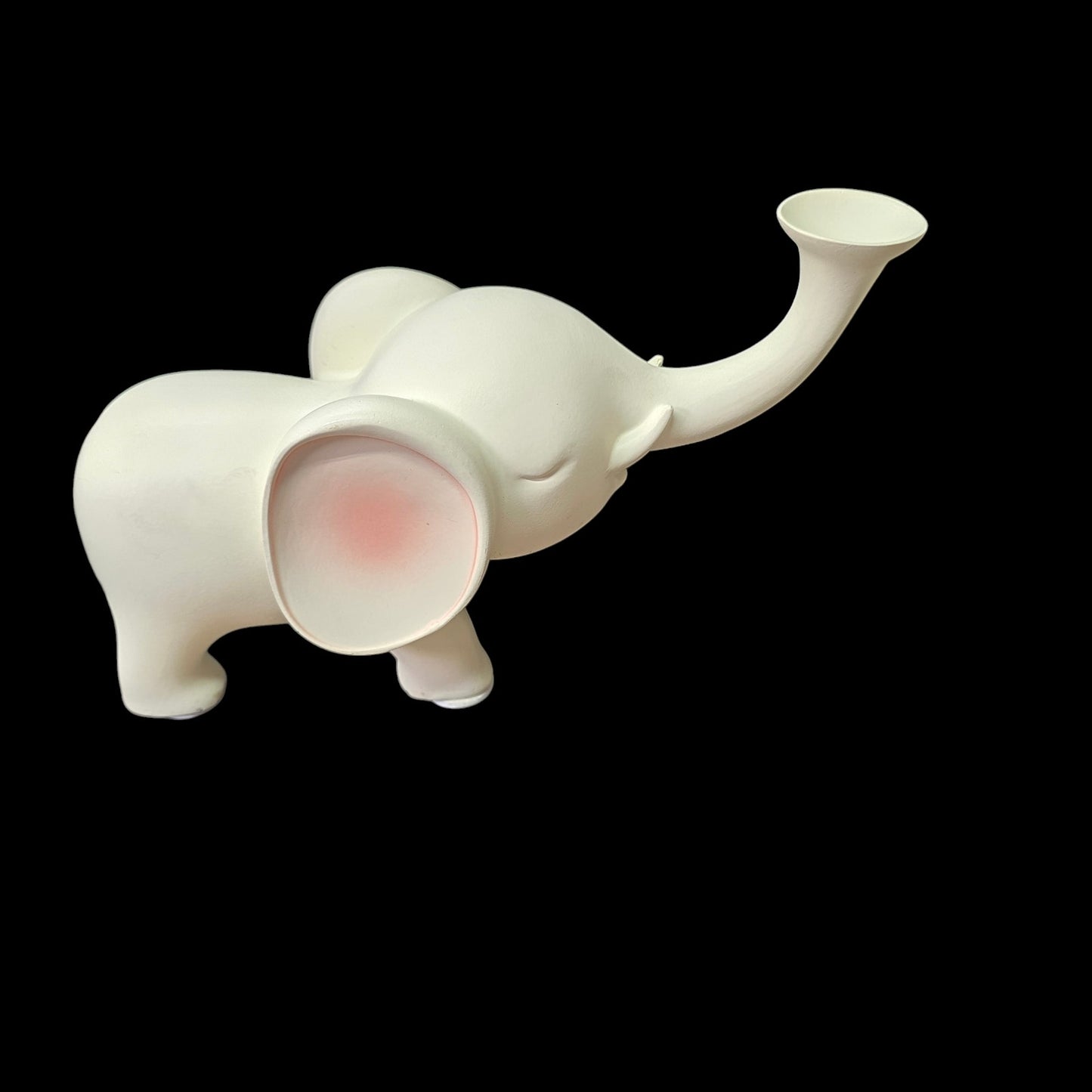Smooth Satin Ceramic Elephant Figurine, Trunk Up White and Pink Elephant