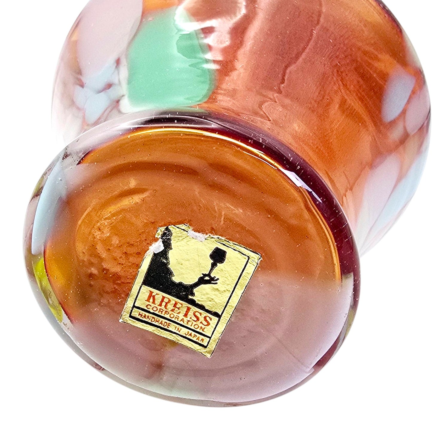 Kreiss Art Glass Bud Vase Japan Hand-Blown Swirl Design Red Orange Multi-Color