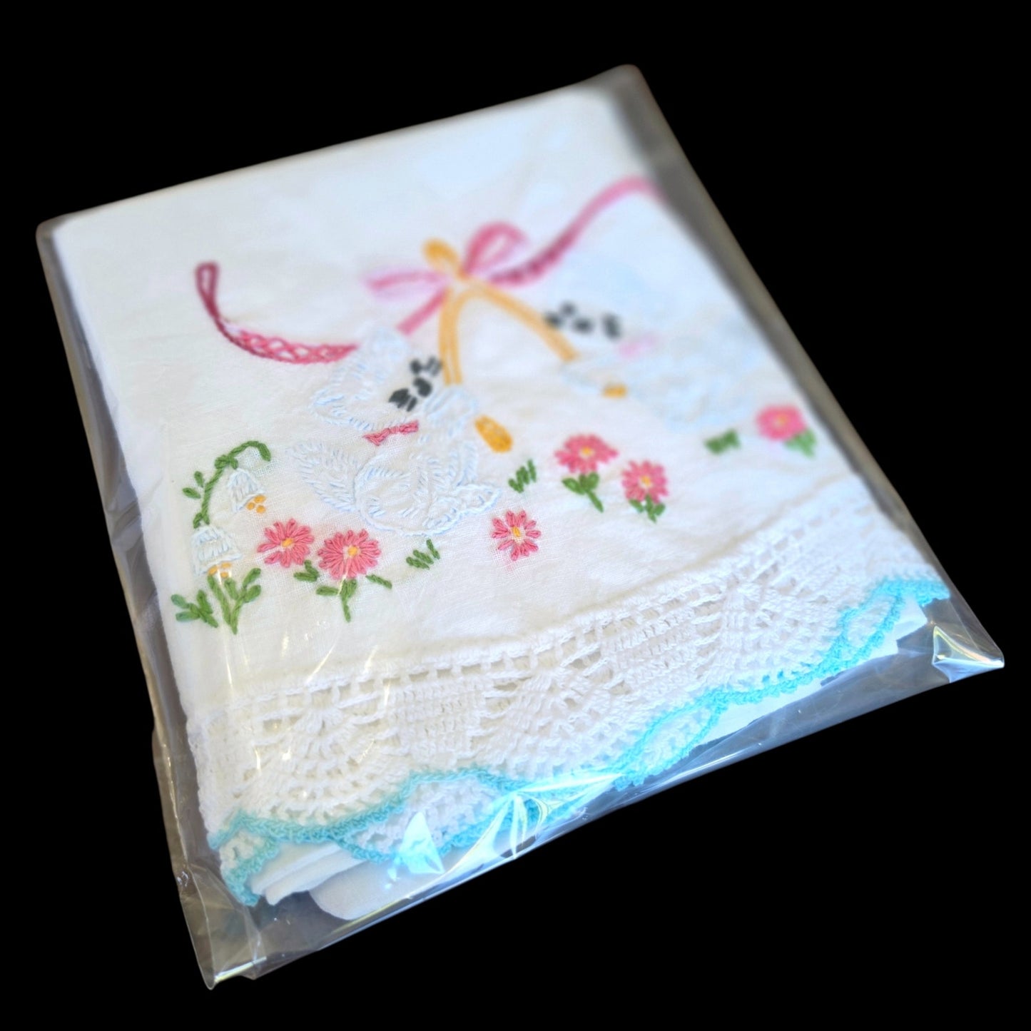 Vintage Embroidered Pillowcase Cats Wishbone Blue Lace Trim Pink Bow