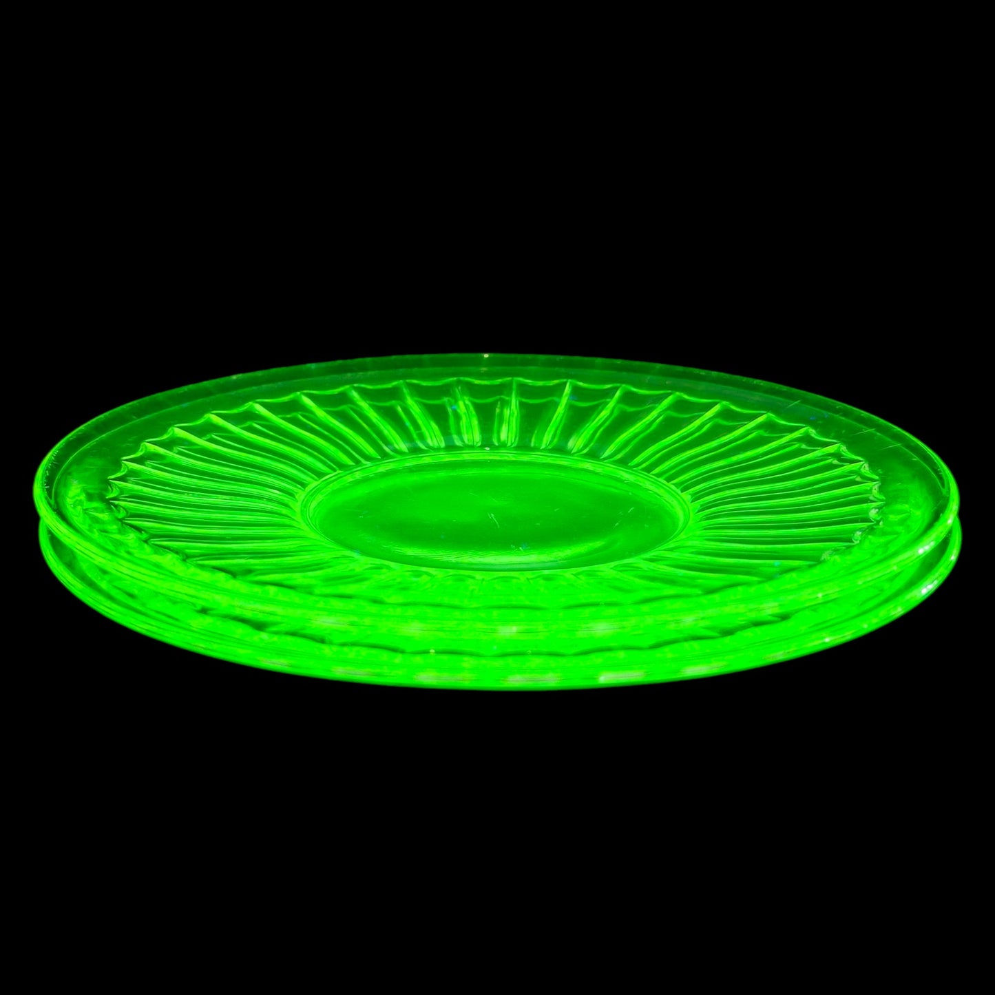 Set of 2 Vintage Uranium Glass Dessert Plates Optic Green 6"