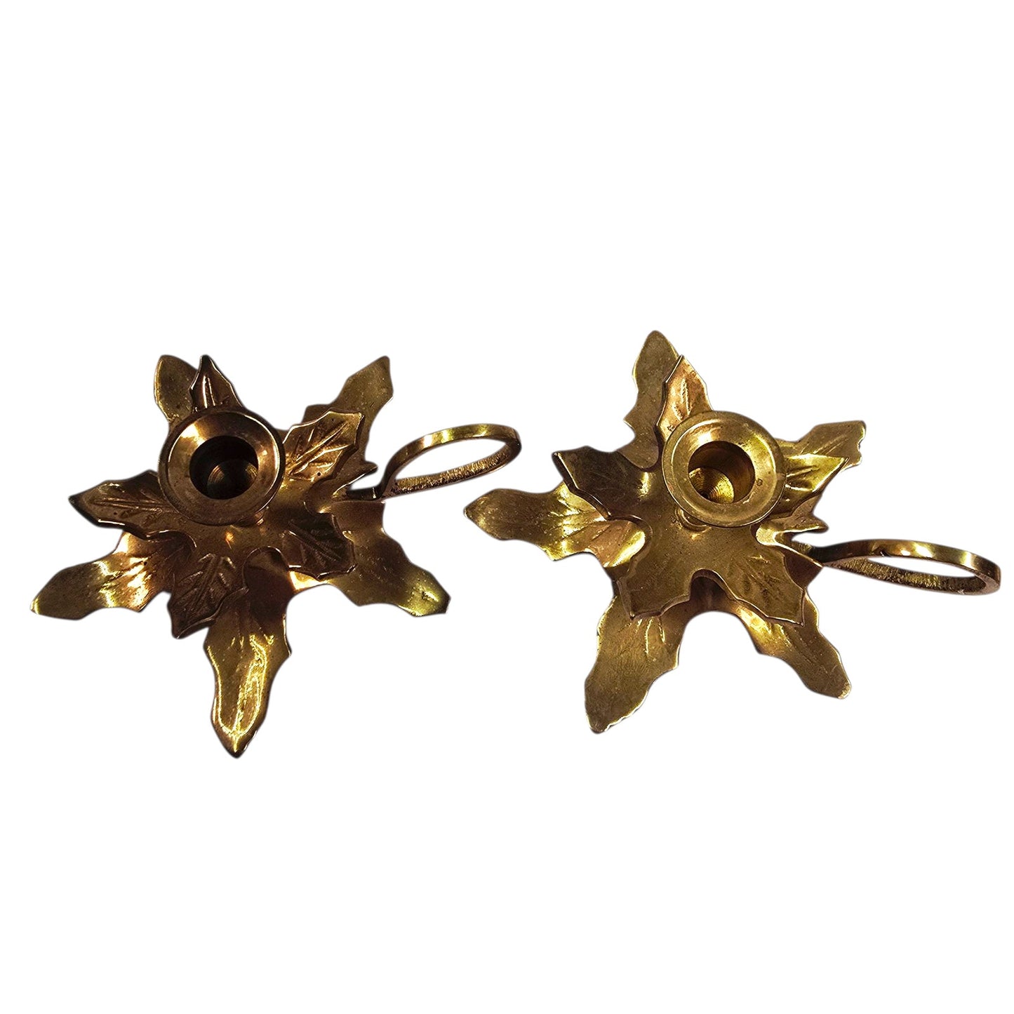 Vintage Solid Brass Leaves Candle Holders with Handle Loop Set of 2