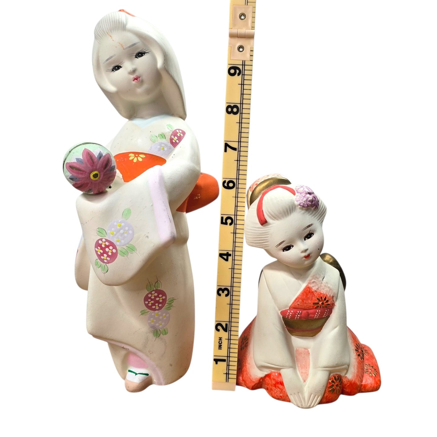 Vintage Japanese Geisha Figurines Pair Hand Painted Kimono Girls Made in Japan