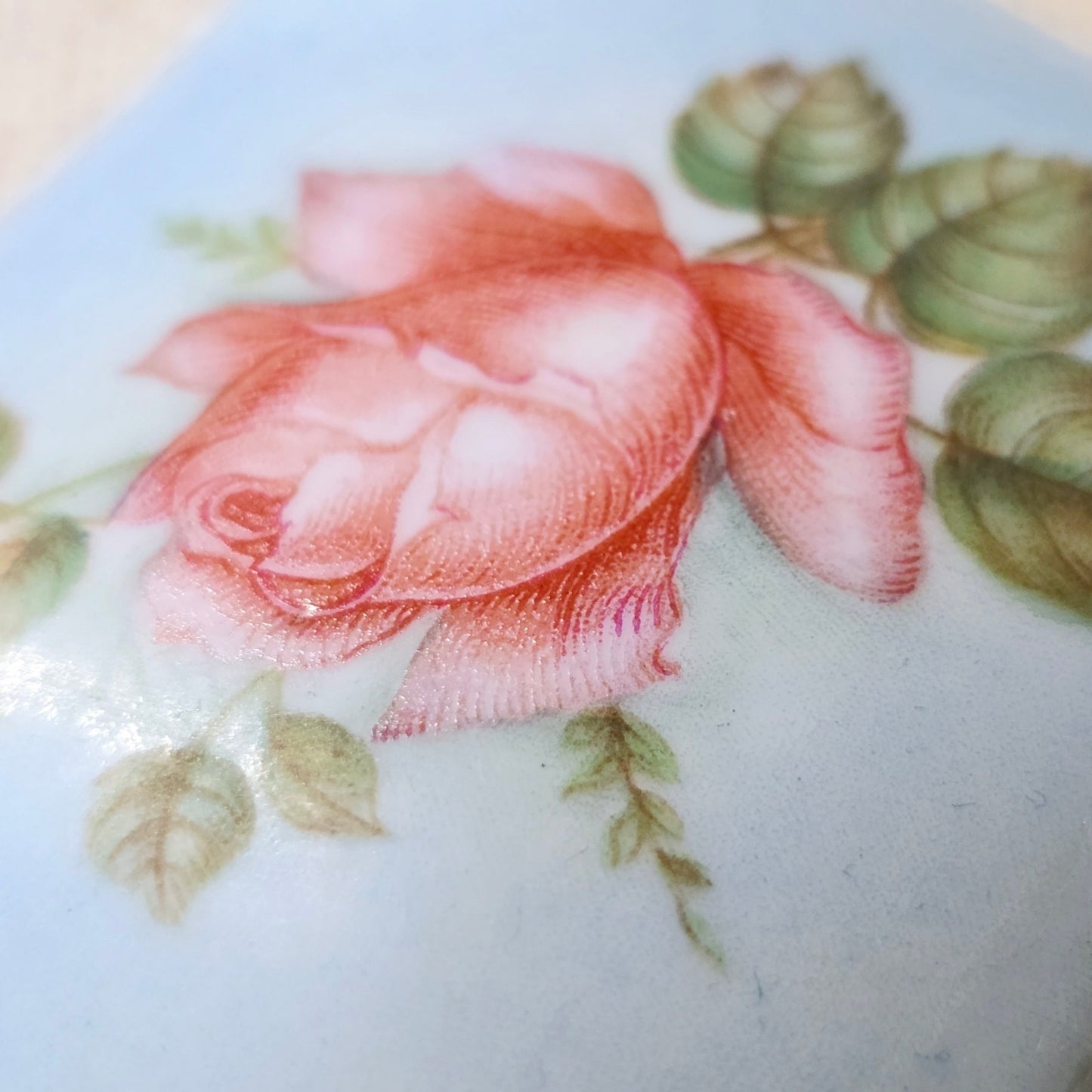* 1960's Signed Beautiful Rose in Bloom Blue Porcelain Vintage Trinket Box