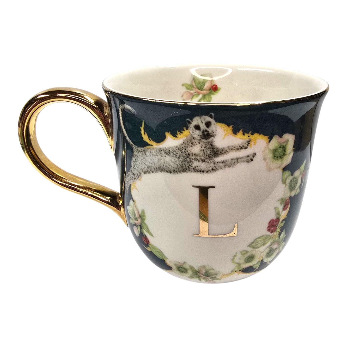 Anthropologie L Mug Monogram Leopard Lou Rota Floral Cup Gold Handle Boho-chic