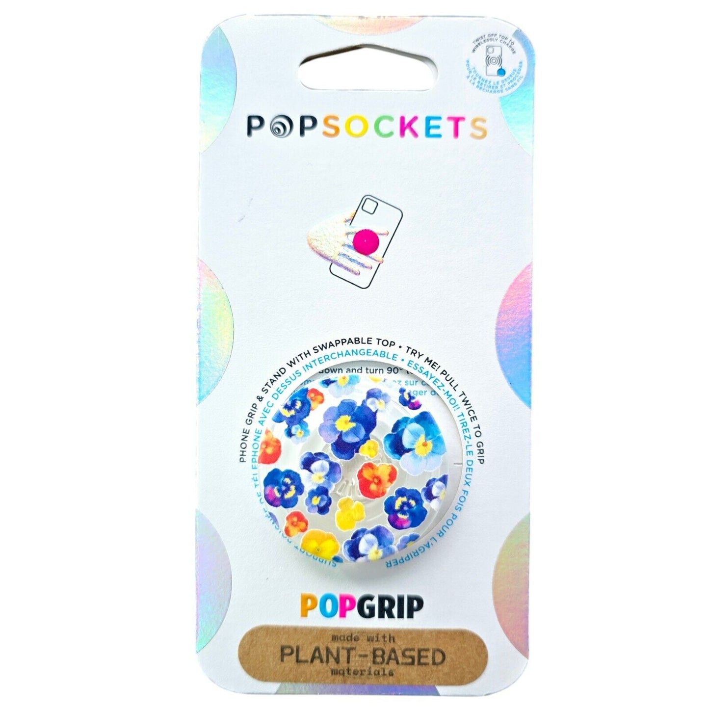 NEW! PopSockets PopGrip Phone Grip Stand Pansy Flowers with Swap Top Plant-Based