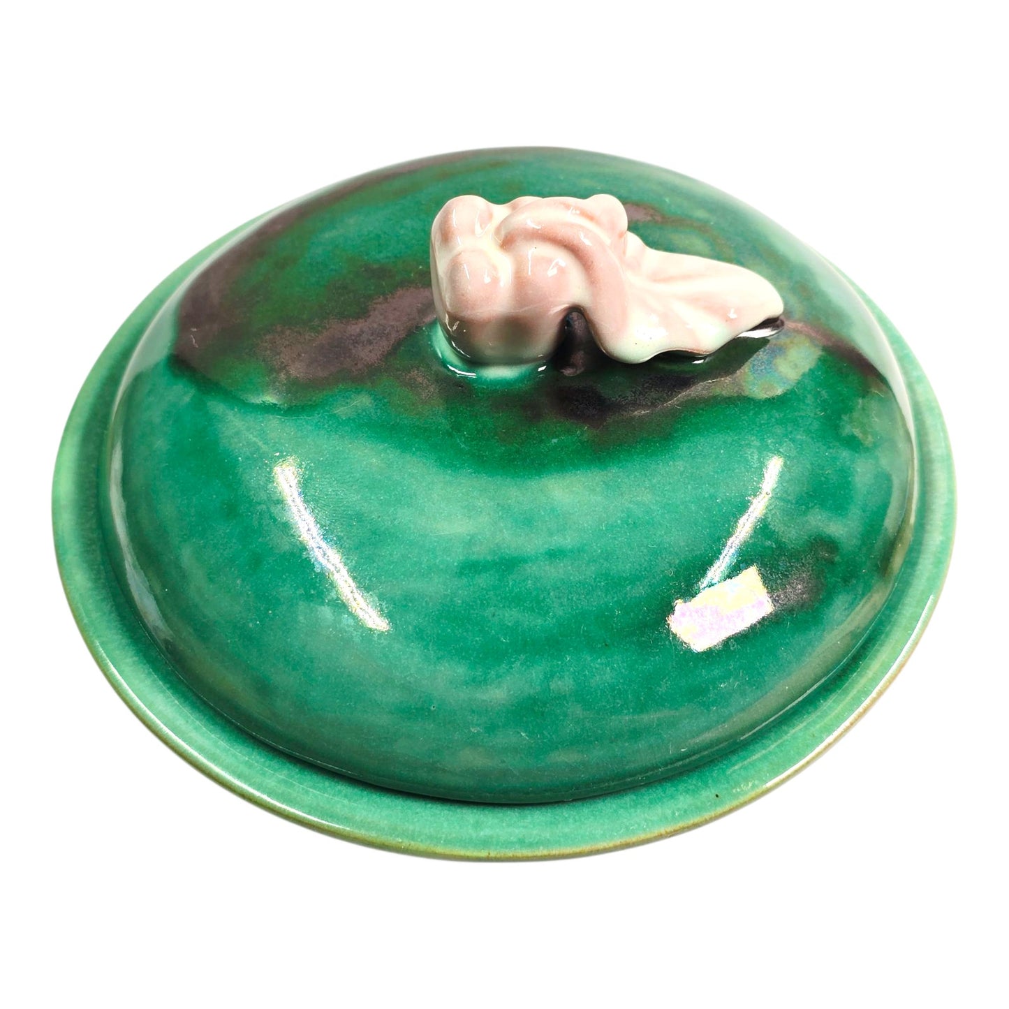 Vintage Stengl Pottery GreenTerra Rose Lidded Bowl Rose Finial Made in Trenton USA