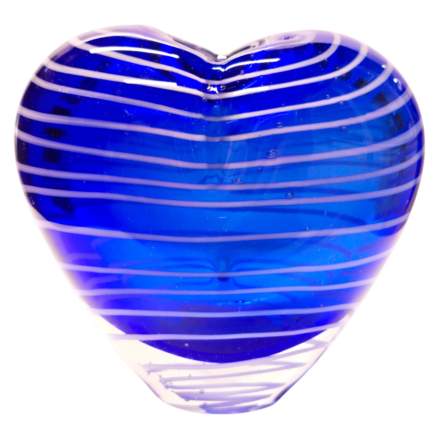 Hand Blown Art Glass Heart Shaped Vase with Blue White Stripes