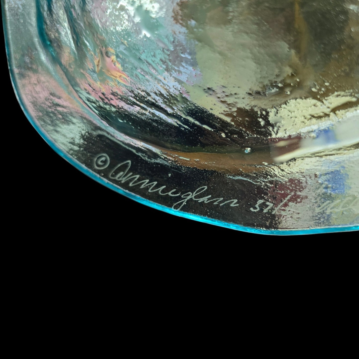 Annieglass Oval Platter, Leaf Dish Handcrafted Artisan Glass Made in USA, Textured Ribbed Glass