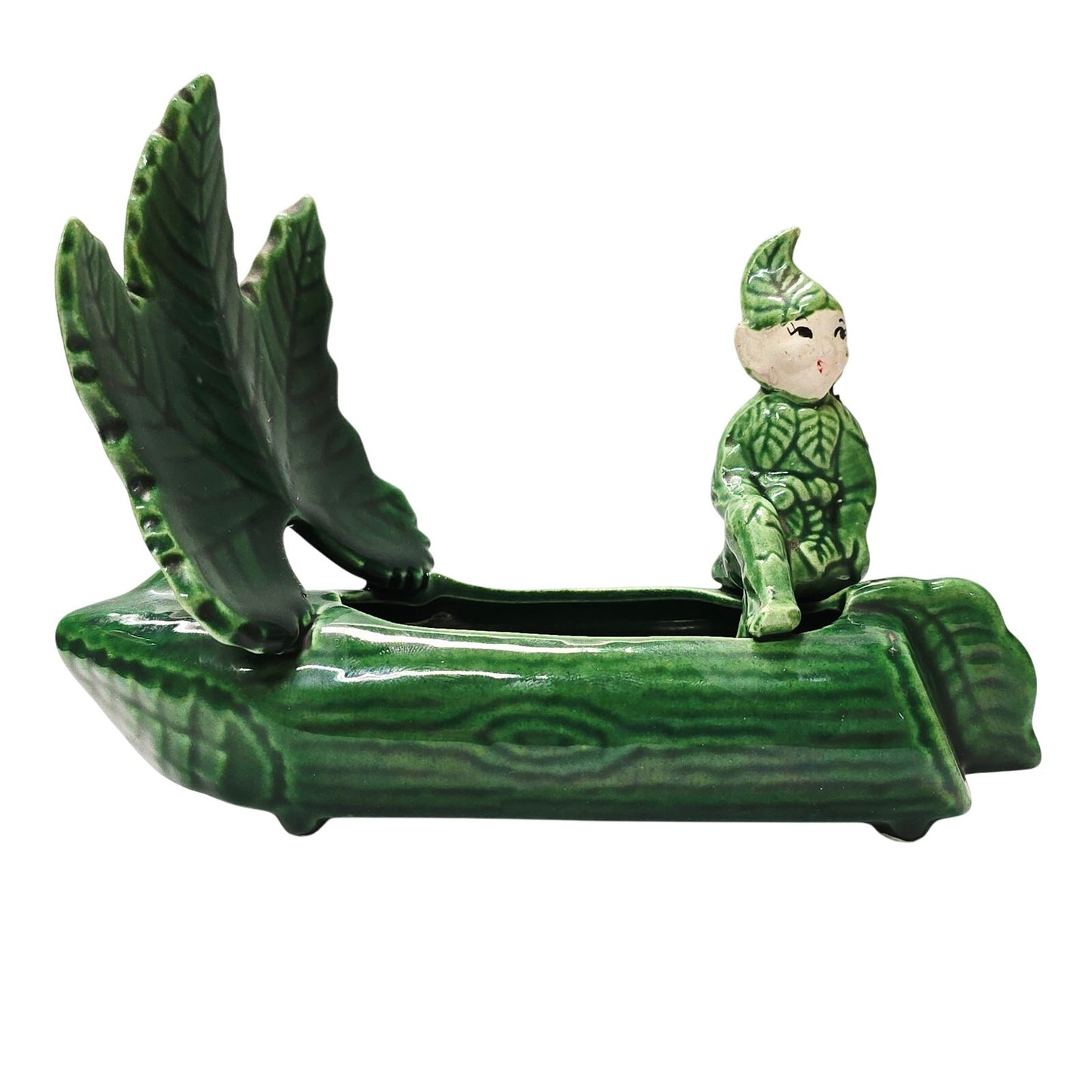 Vintage Treasure Craft Lucky Sprite Pixie Elf Log Boat Planter AS IS
