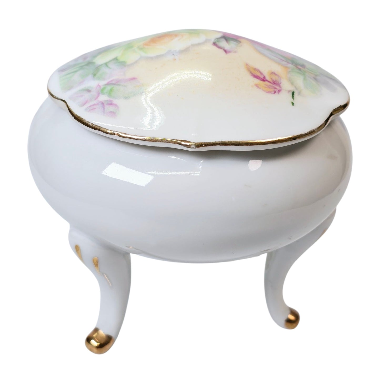 Vtg Long-Footed Trinket Box Original Arnart Creation Japan, Gold Trim Lidded Box