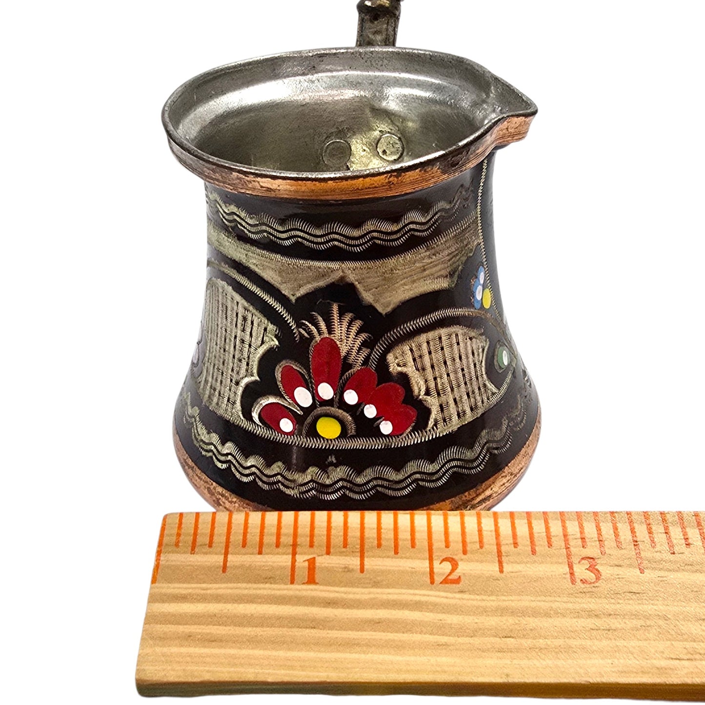 Vintage Hand Painted Copper Turkish Coffee Pot 6oz Enamel Floral Folk Art Cezve w/ Wood Handle