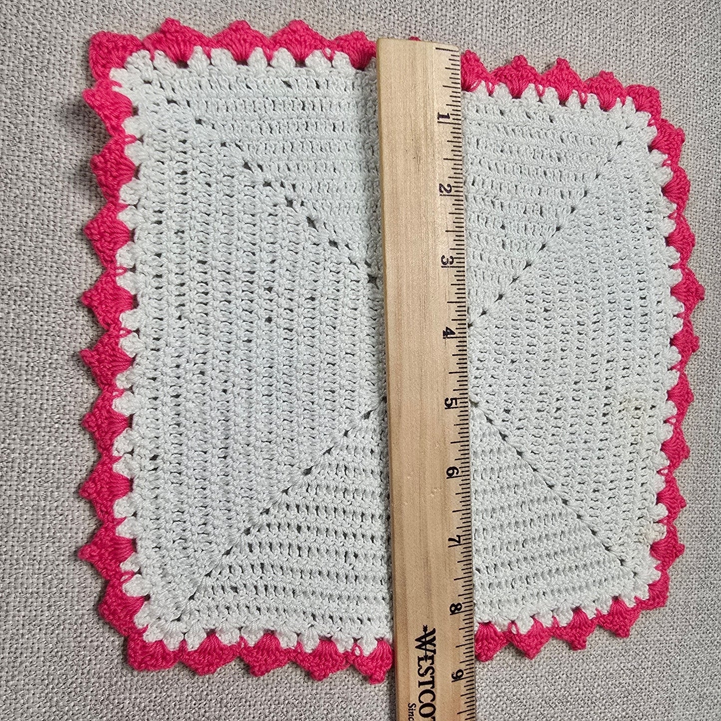 Set of 4 Vintage Handmade Crocheted Doilies with Dark Pink Trim