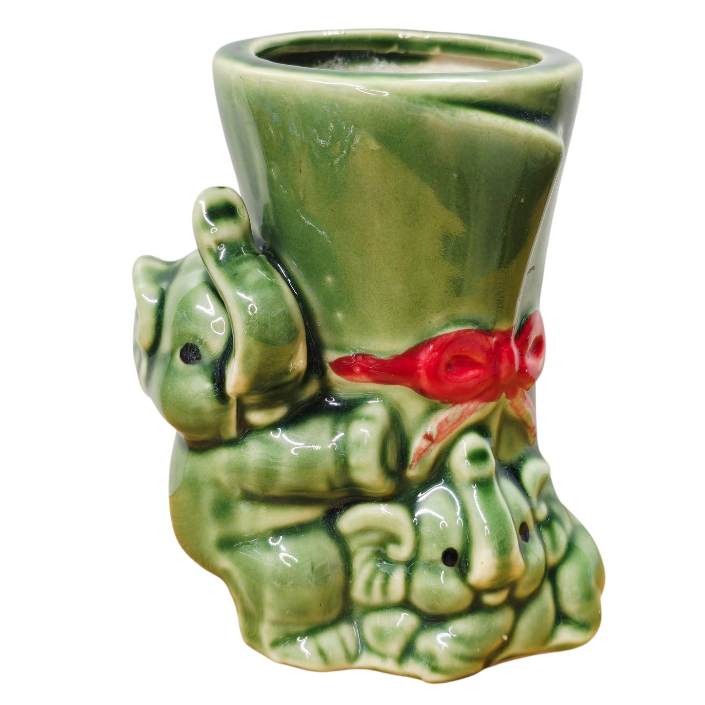Vintage Green Elephant Ceramic Planter Rolled Scroll Design with Red Bow 5"