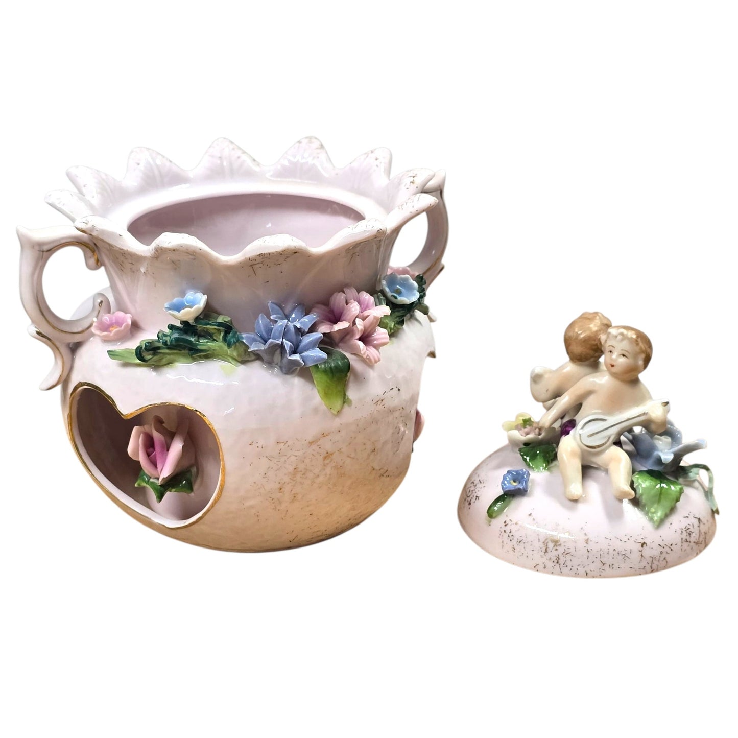 Vintage Capodimonte Style Porcelain Jar Cherub Lid Floral Applied Flowers Pink