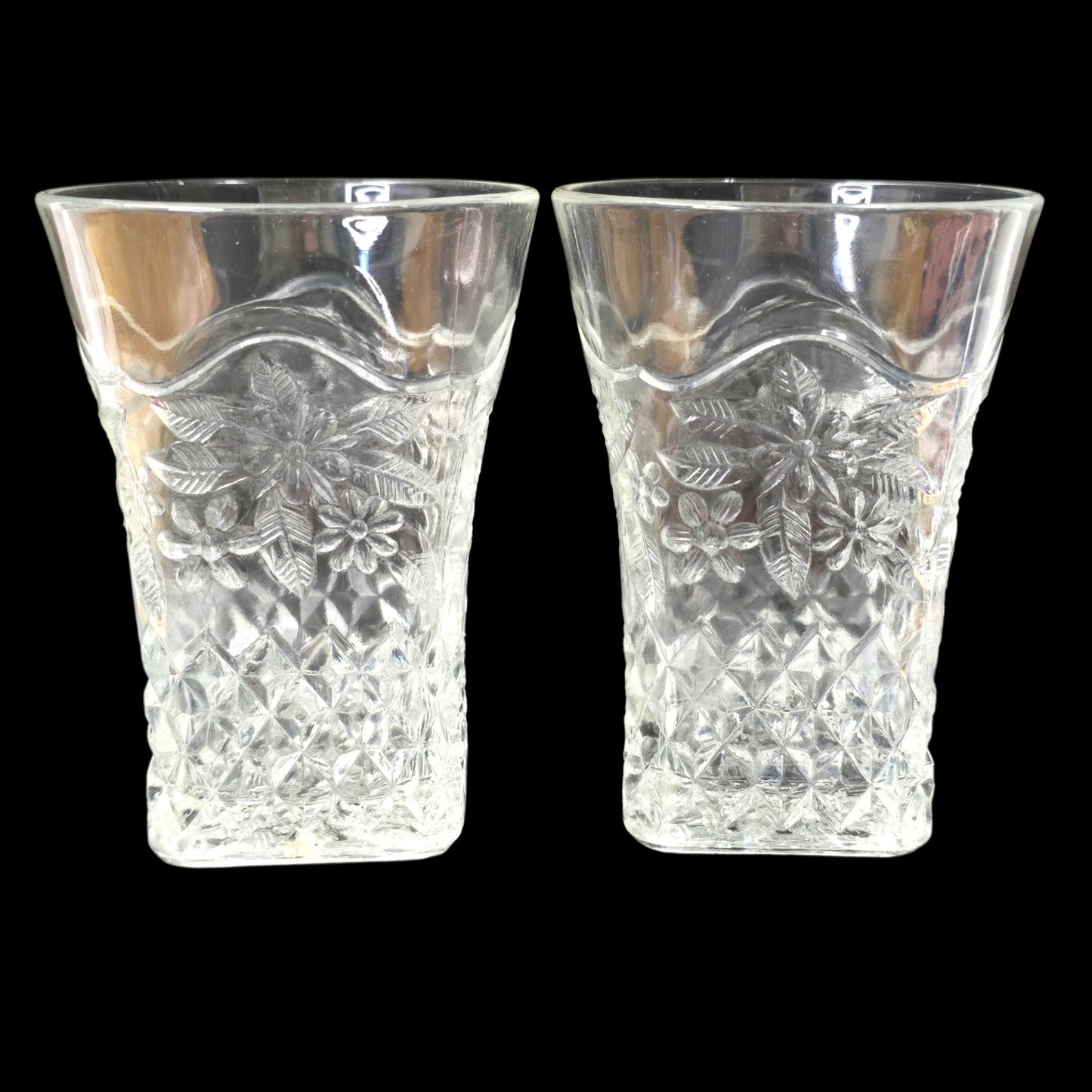 AS IS Vtg Pressed Glass Tumblers Pair 4" Daisy Diamond Pattern Clear Square Base