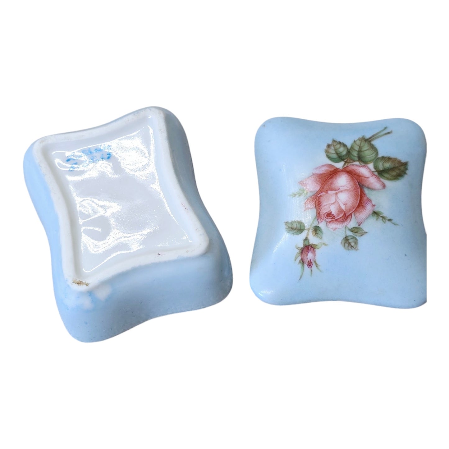 * 1960's Signed Beautiful Rose in Bloom Blue Porcelain Vintage Trinket Box