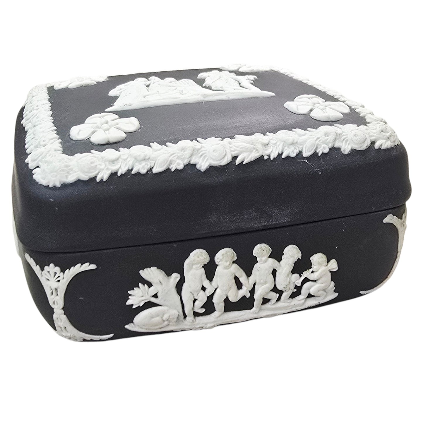 Wedgwood Black Basalt Jasperware trinket box Square Cherubs Courting Couples Made in England