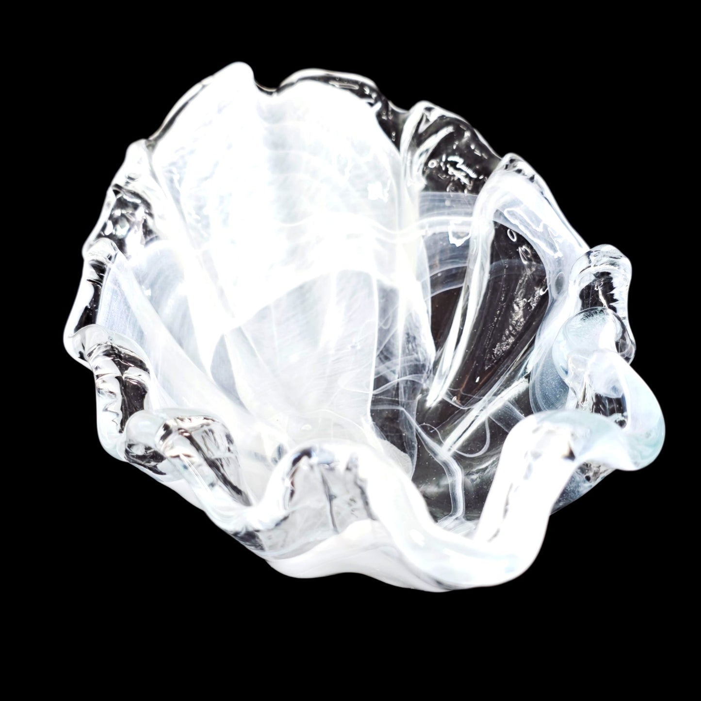 Art Glass Clam Shell Bowl White Clear Swirl Pattern Decorative Shell Glass Bowl
