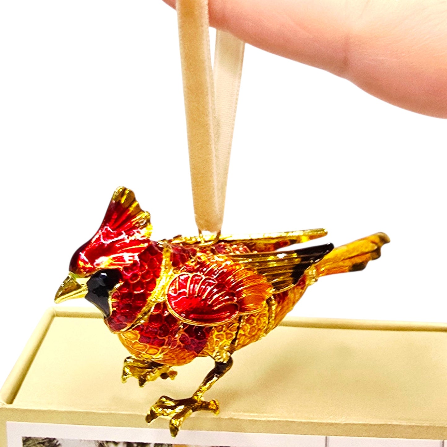 Vtg Pier 1 Cloisonné Cardinal Bird Ornament Red Gold Enamel Holiday Boxed