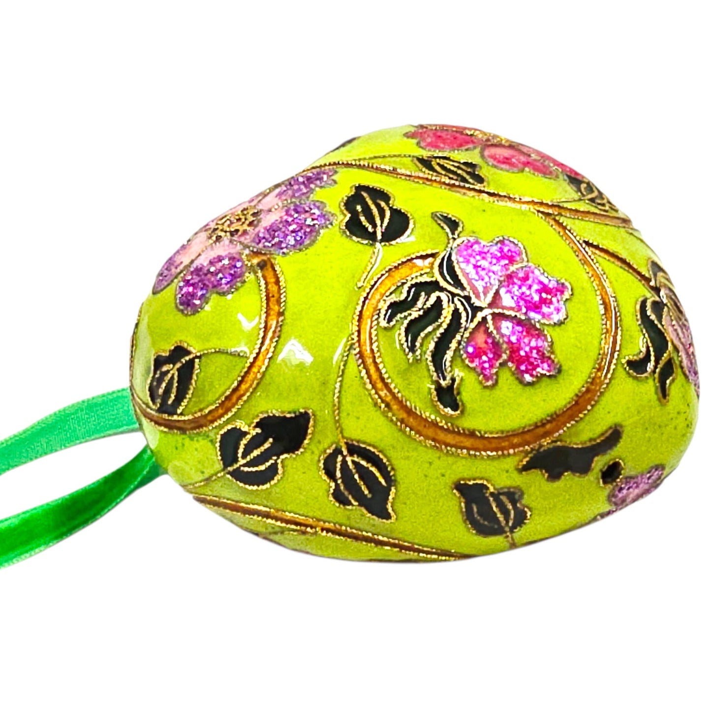 Cloisonne Puffy Heart Hanging Decor Ornament Green with Red Purple Flowers