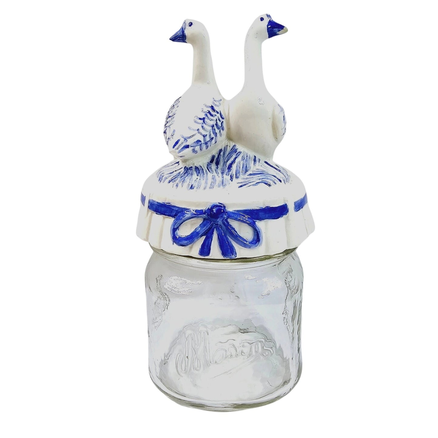 Vintage Geese Lid Mason Jar, 1 Cup, Blue and White Ceramic Top Country Farm Chic