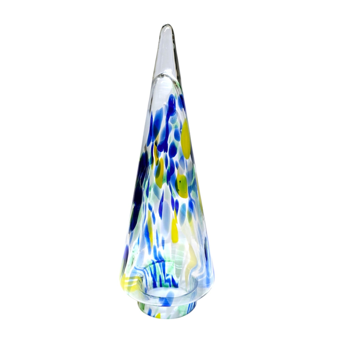 Handblown Art Glass Christmas Tree, Hollow, 8.25", Blue, Yellow, Green Glass