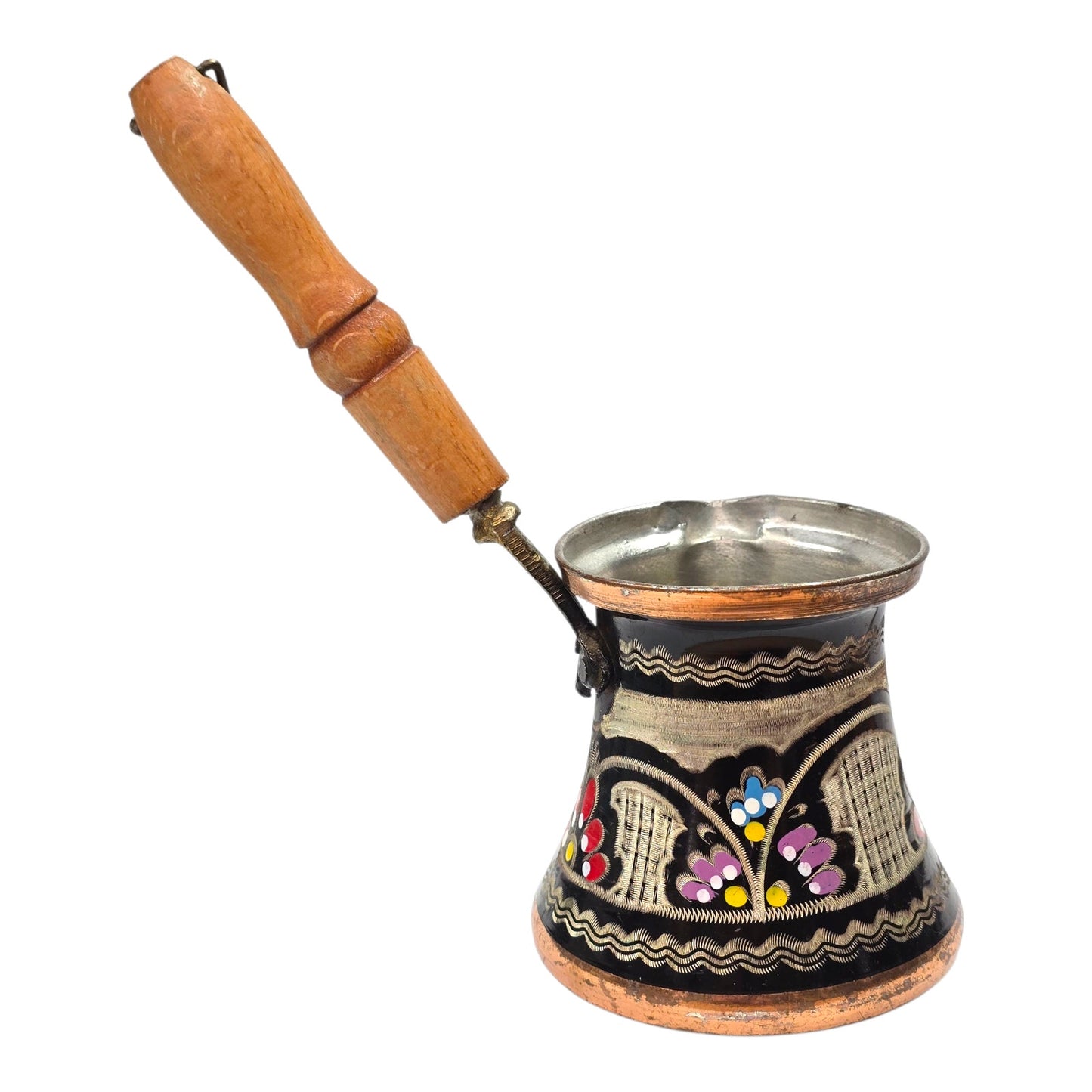 Vintage Hand Painted Copper Turkish Coffee Pot 6oz Enamel Floral Folk Art Cezve w/ Wood Handle