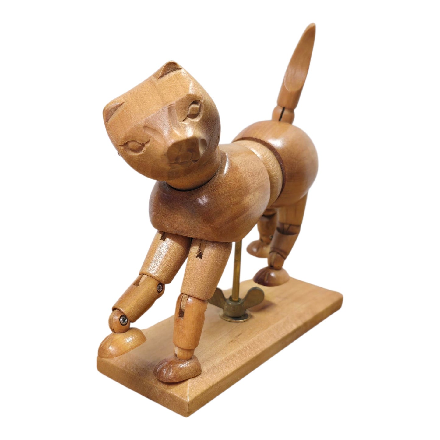 Vintage Articulated Wooden Cat Model Artist Mannequin Figurine Poseable on Stand