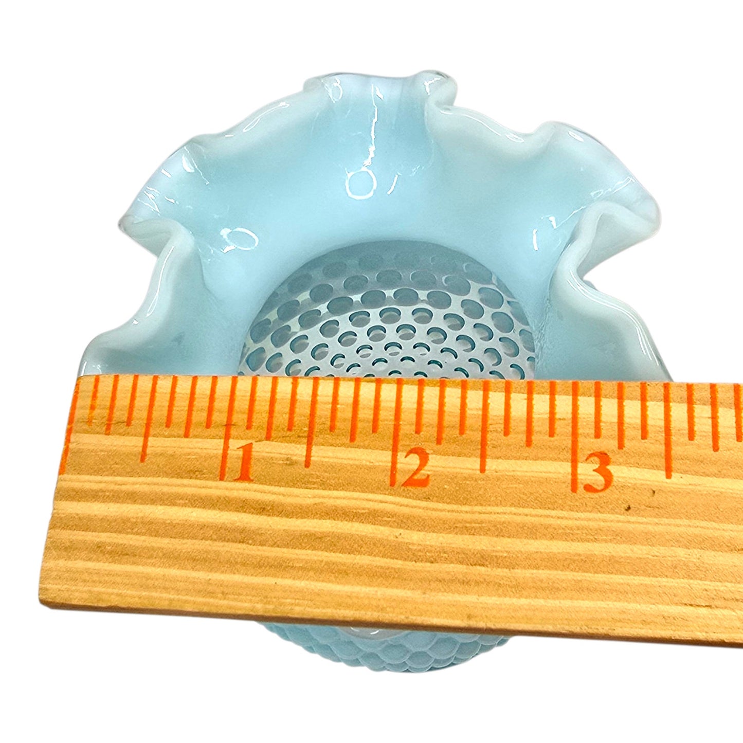 Fenton Aqua Blue Opalescent Hobnail Vase Uranium Reactive Ruffled Top Art Glass