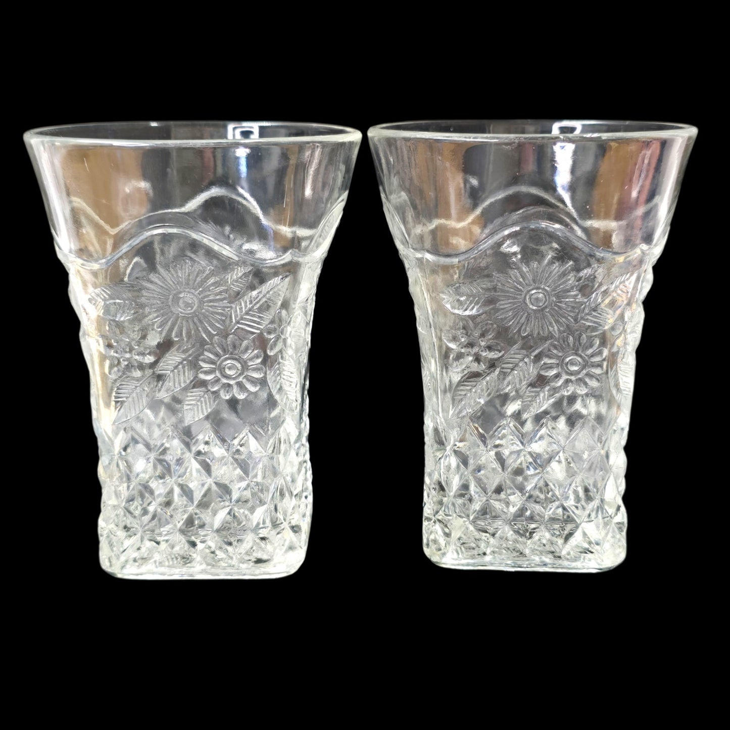 AS IS Vtg Pressed Glass Tumblers Pair 4" Daisy Diamond Pattern Clear Square Base