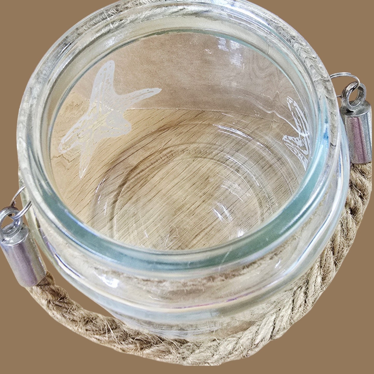 Coastal Hanging Etched Glass Starfish Tealight Candle Holder Nautical Rope Votive Jar