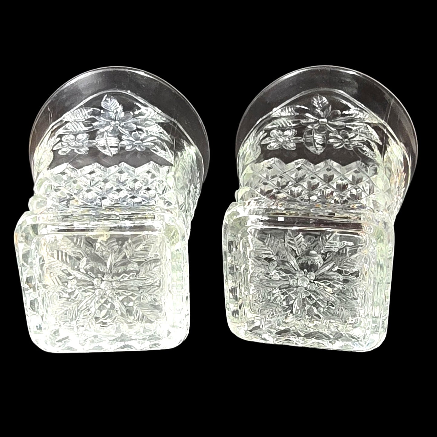 AS IS Vtg Pressed Glass Tumblers Pair 4" Daisy Diamond Pattern Clear Square Base