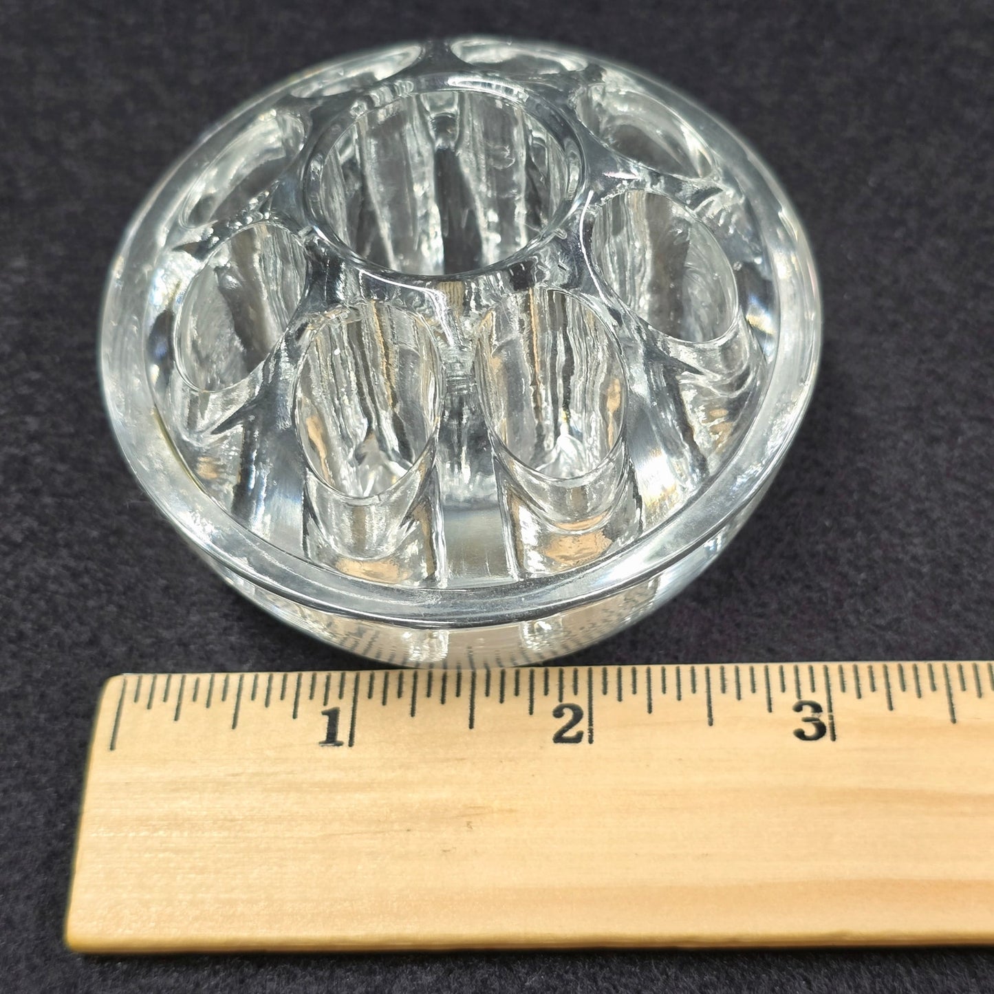 Vintage Domed Glass Flower Frog, 9 Holes, Lightly Glowy, 3" W