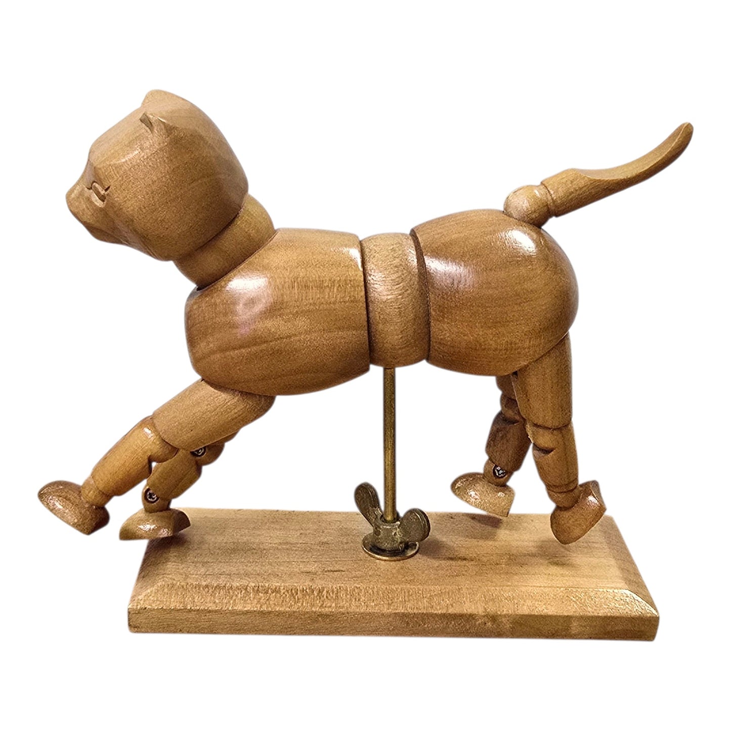 Vintage Articulated Wooden Cat Model Artist Mannequin Figurine Poseable on Stand