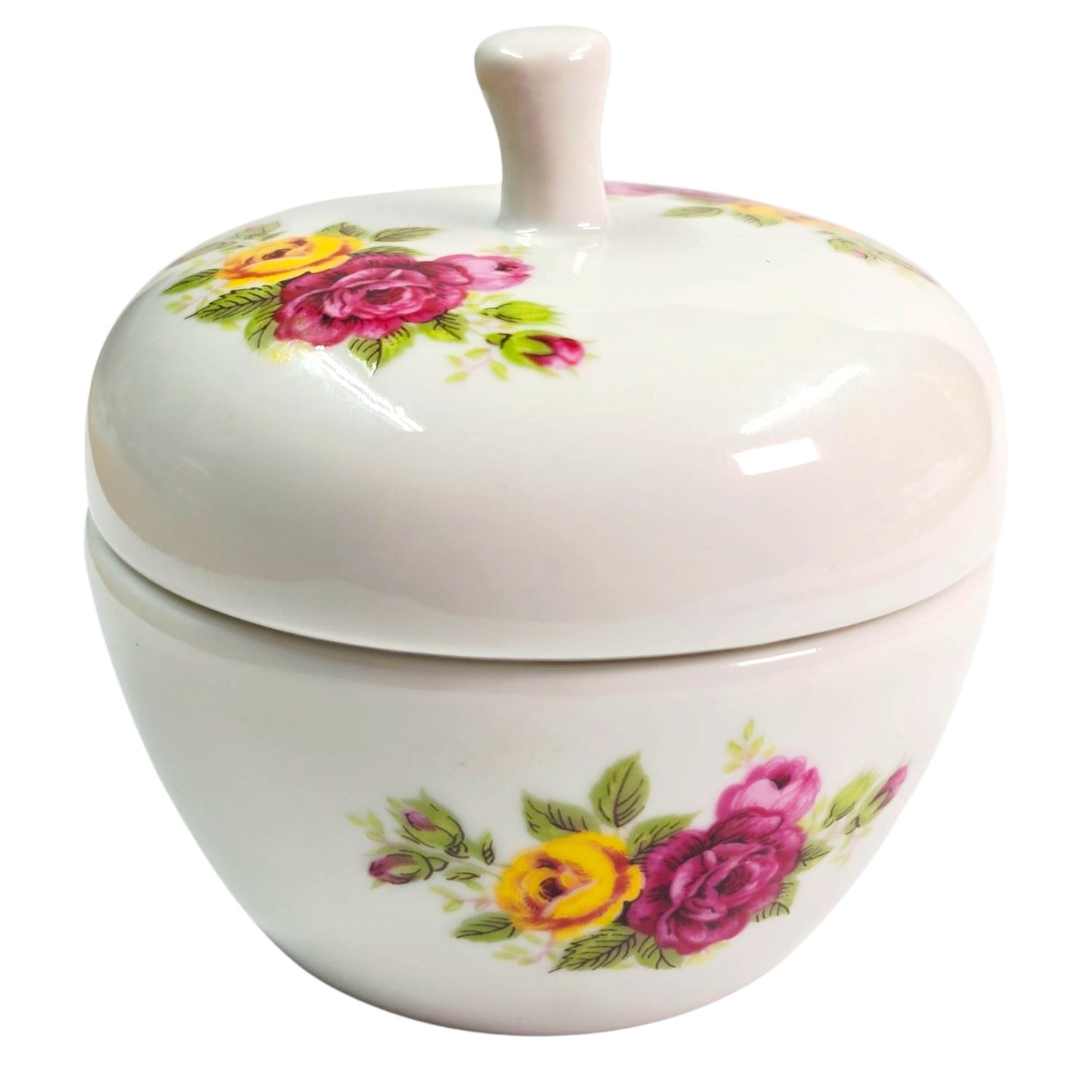 Vintage Porcelain Apple Trinket Box Jewelry Box Lidded Rose Floral Flowers