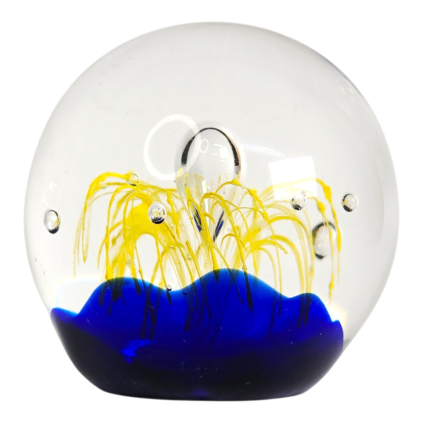 Art Glass Paperweight Cobalt Blue Yellow Firework Design