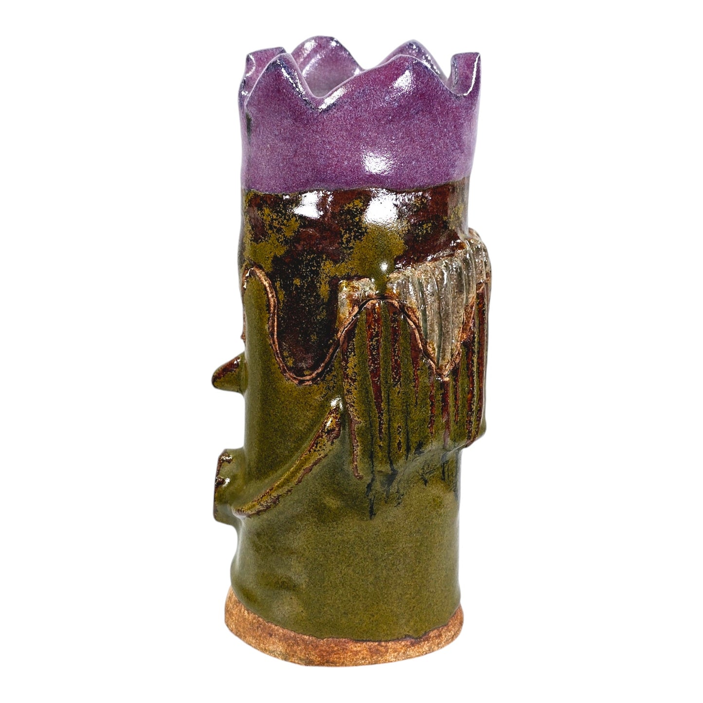 Studio Art 2 pc Heavy Pottery Odd Figure with Purple Crown, Removeable Lid and Votive Holder, 8.75" H