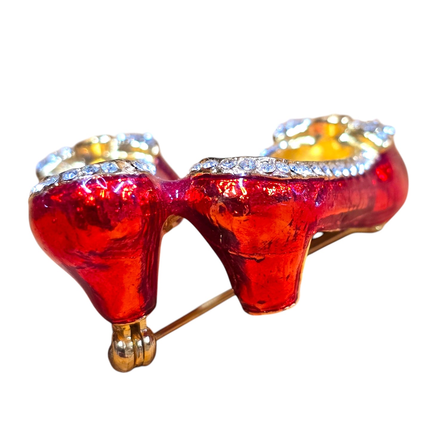 AS IS Ruby Slippers Red Enamel Rhinestone Accents Bow Red Shoes Pin Brooch Jewelry