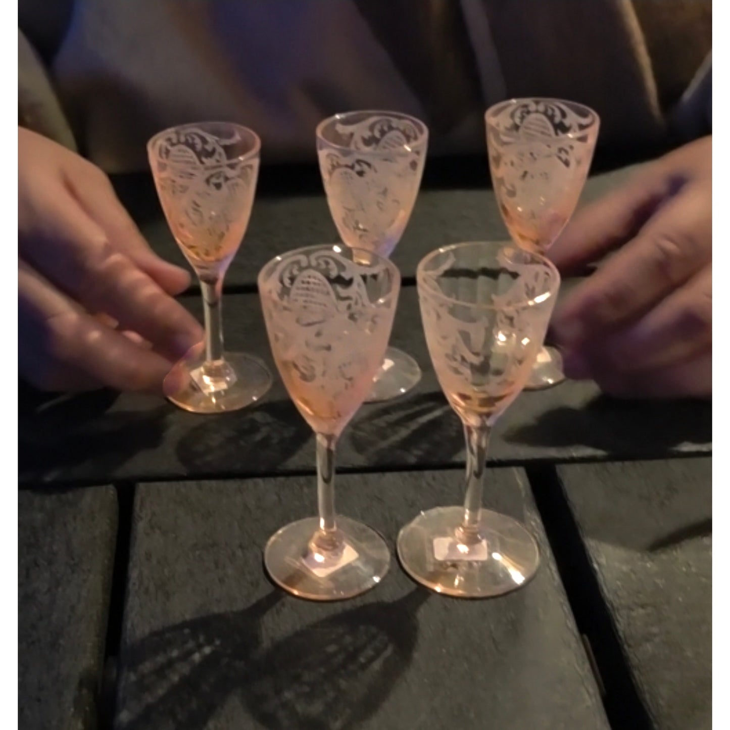 AS SEEN ON VIDEO: Rare 1920's Cambridge Glass Set of 5 Cordials - Pink Etched 740 Pattern - Stem 3050