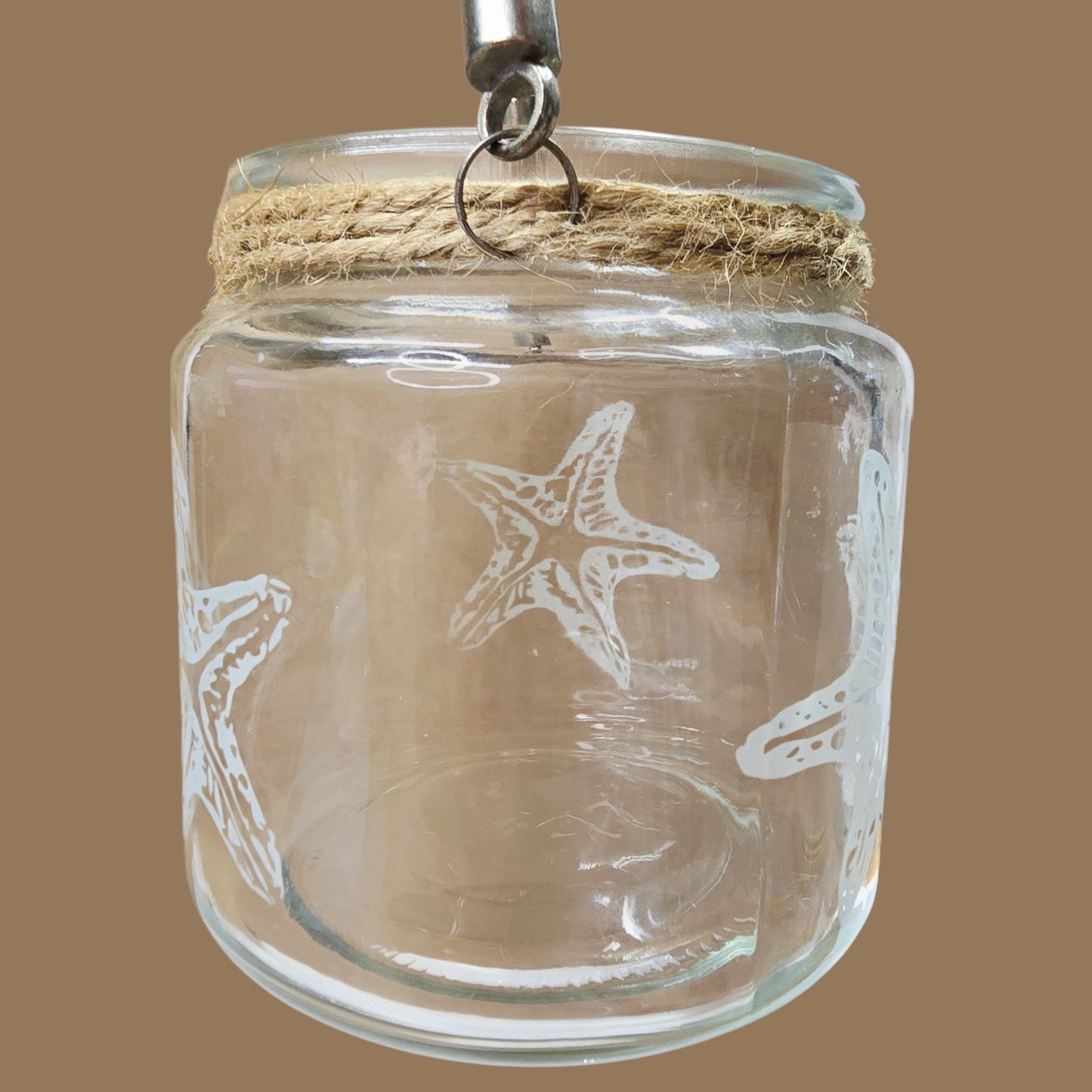 Coastal Hanging Etched Glass Starfish Tealight Candle Holder Nautical Rope Votive Jar
