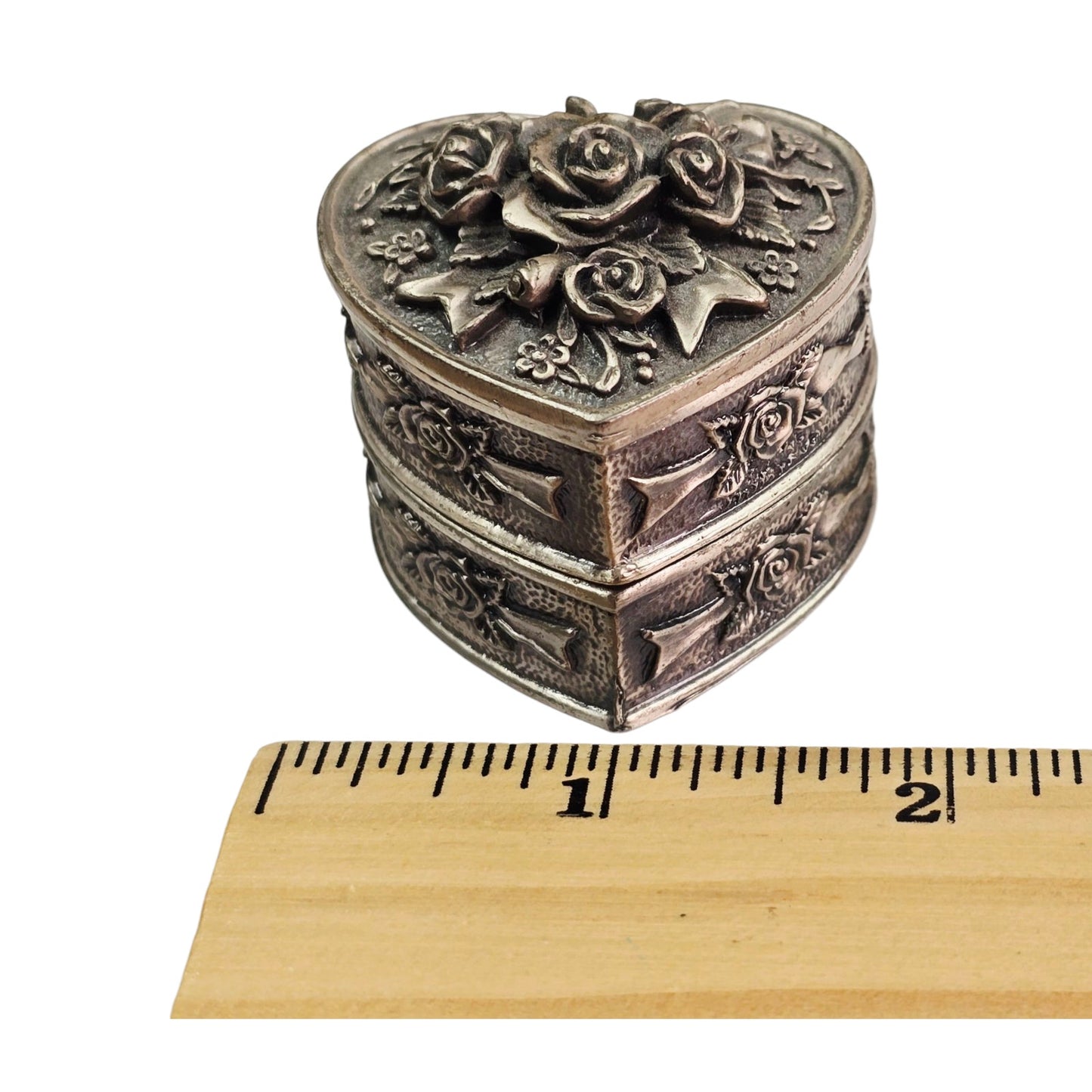 3-Pc Heart Stacked Pewter Trinket Box with Roses and Floral Motif, Signed