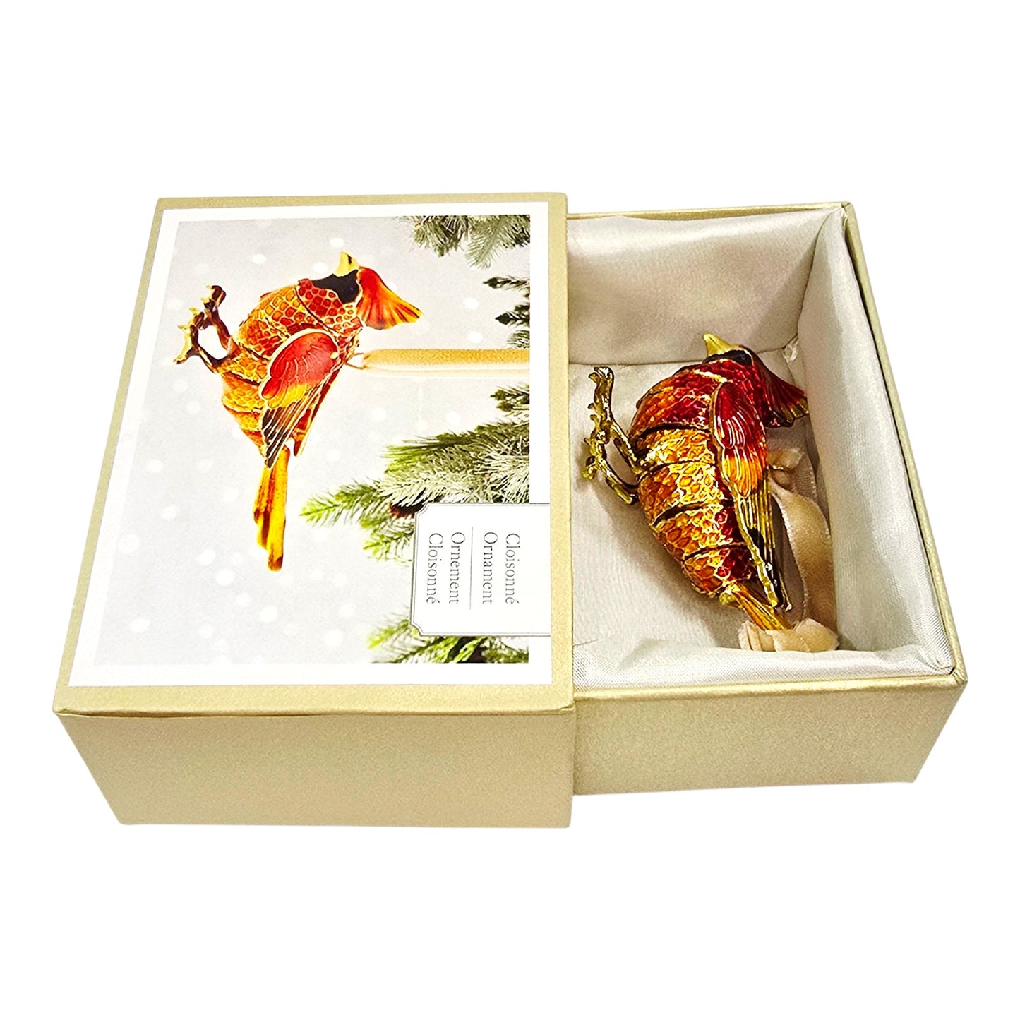 Vtg Pier 1 Cloisonné Cardinal Bird Ornament Red Gold Enamel Holiday Boxed