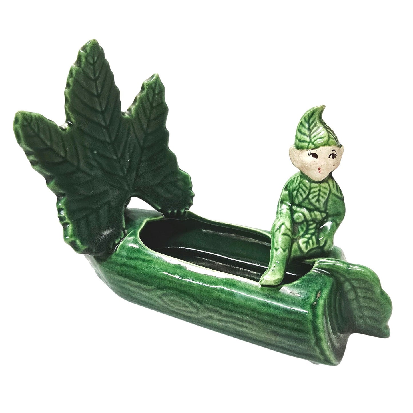 Vintage Treasure Craft Lucky Sprite Pixie Elf Log Boat Planter AS IS