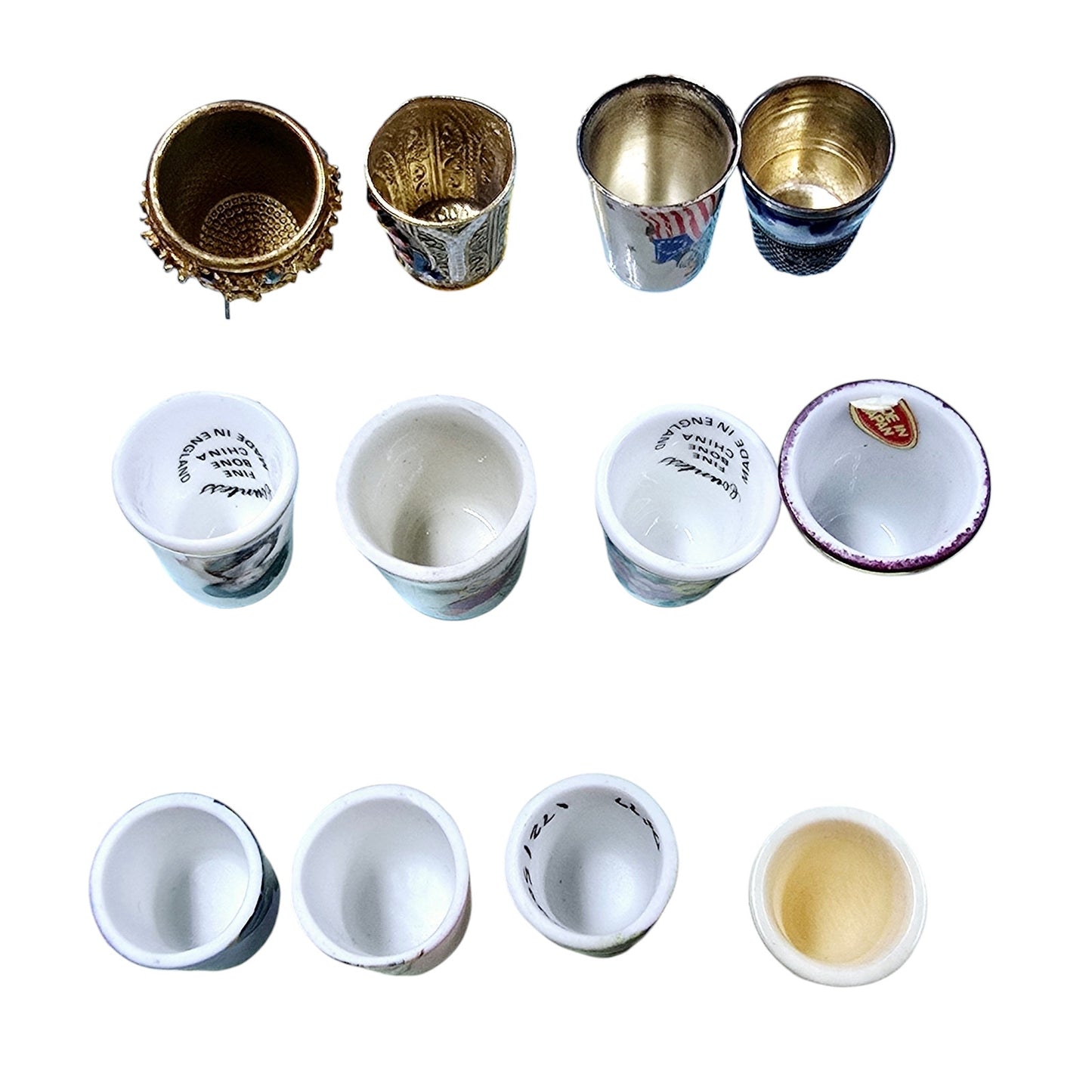 12 Vintage Thimbles Assorted Ceramic, Bisque, Metal, See Pictures & Description