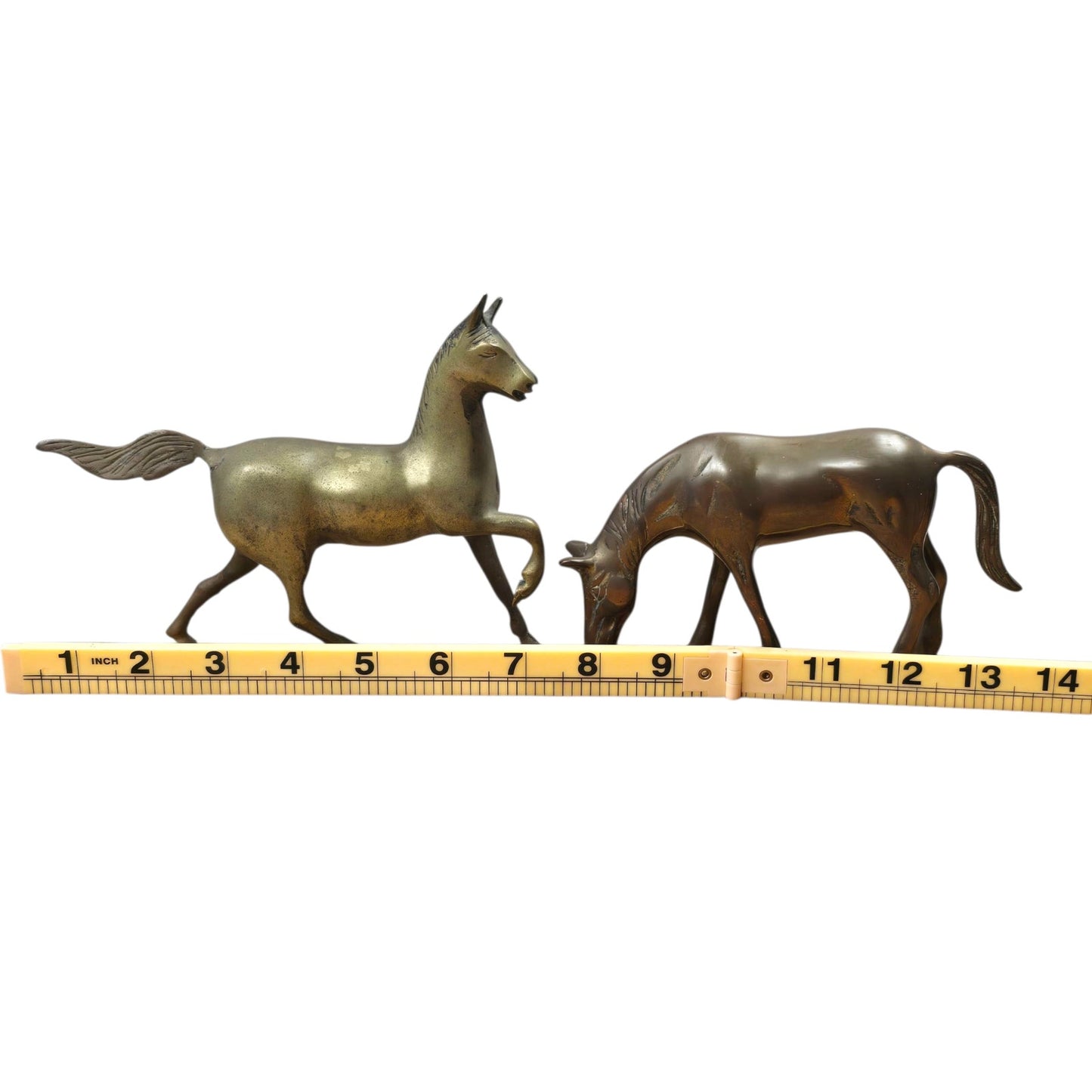 Vintage Brass Horses Prancing / Grazing Brass Horse Figurines, Patina Anatomical