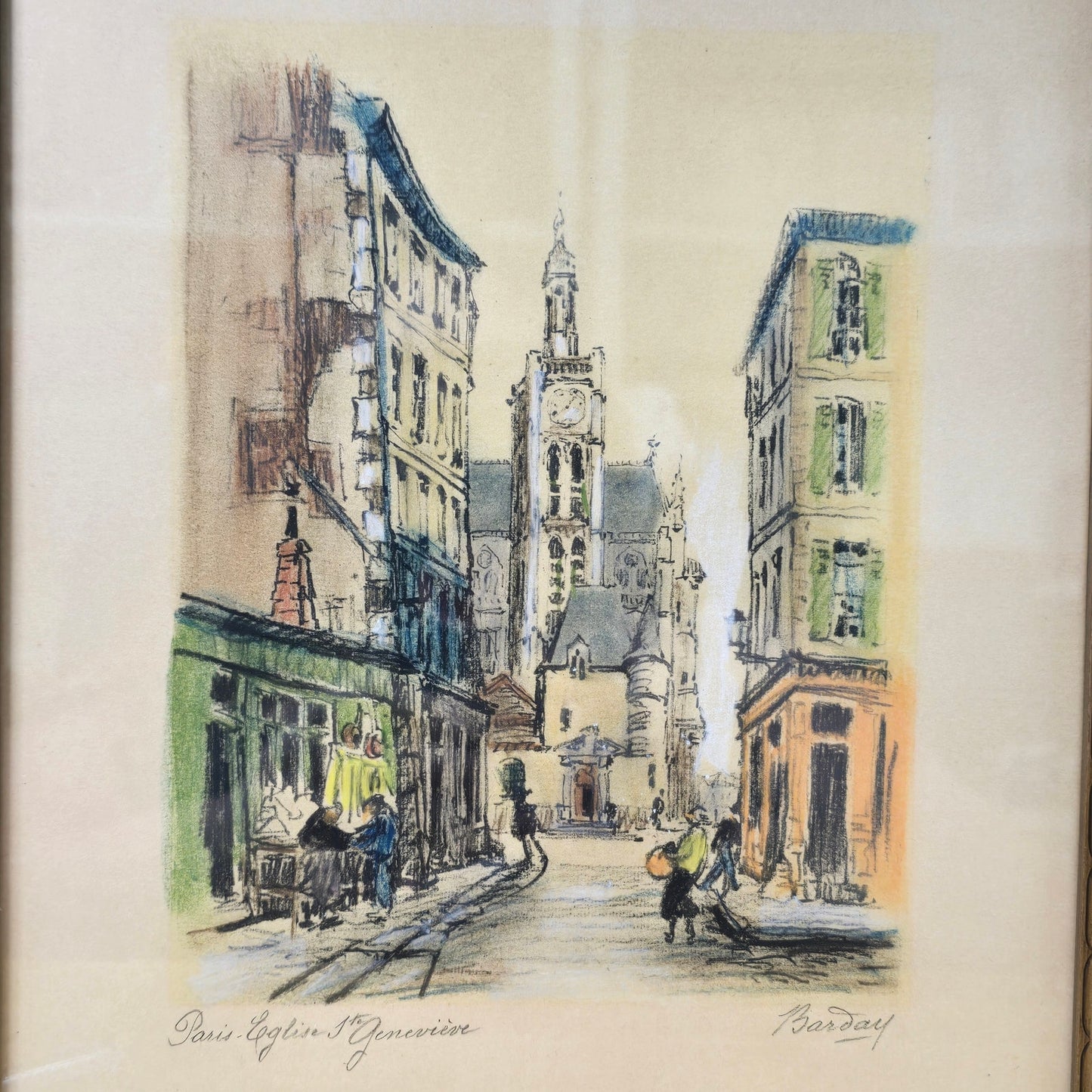 Signed Barday French Artist Lithograph Paris Eglise st Genevieve Paris Scene Vtg